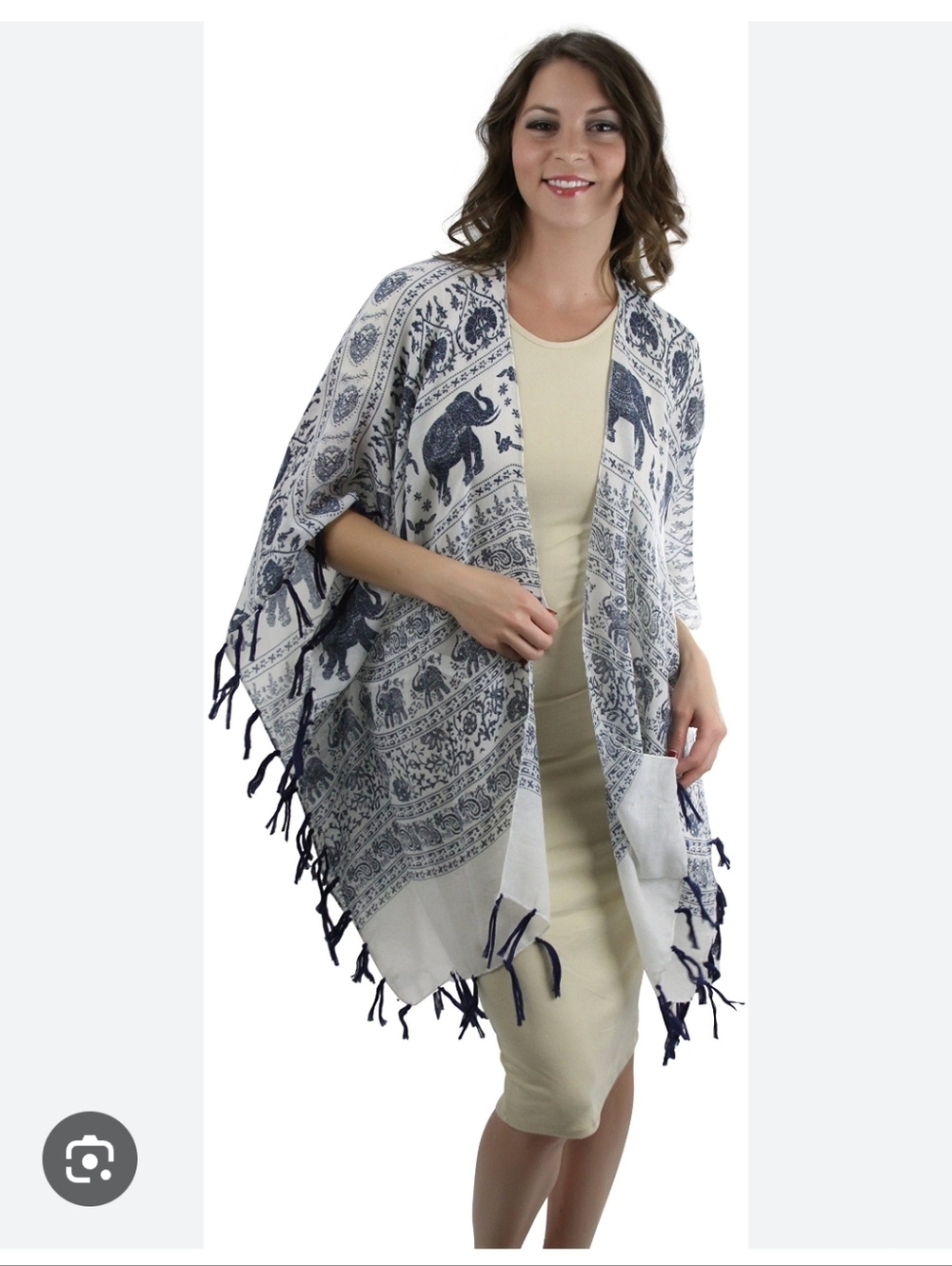 Off White & Navy Elephant Print Fringe Kimono Size O/S